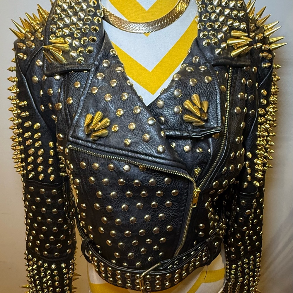 Azalea Wang Black and Gold Vegan Leather Motorcycle Jacket with Studding - Picture 2 of 3
